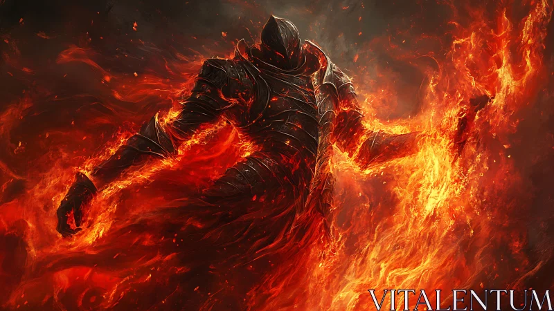 Armored humanoid figure engulfed in dynamic orange flames.