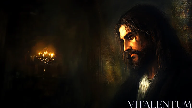 Solitary bearded man in candlelit contemplative profile portrait.