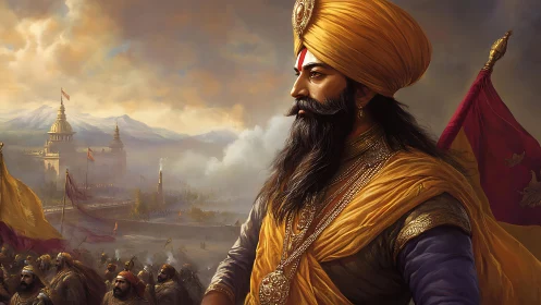 Turbaned commander observes fortified city and assembled troops