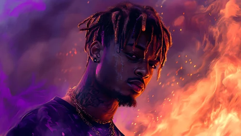 High-contrast portrait merges bicolor firelight with volumetric smoke