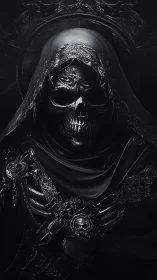 Baroque skeletal reaper in ornate monochrome digital rendering