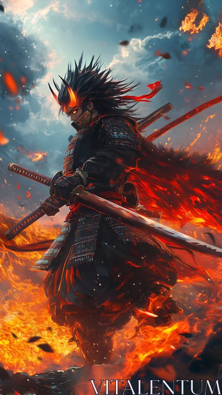 Armored infernal samurai strides through dynamic volumetric firefield