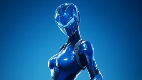Sleek blue cyber hero poised in calm electric light.
