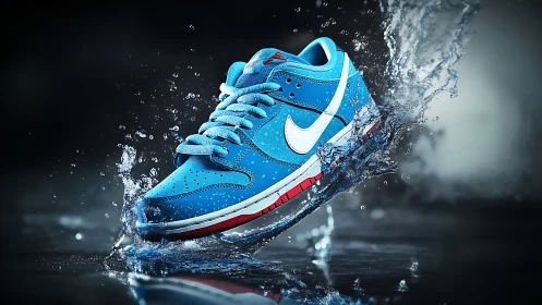 Blue athletic sneaker impacts water in dramatic splash