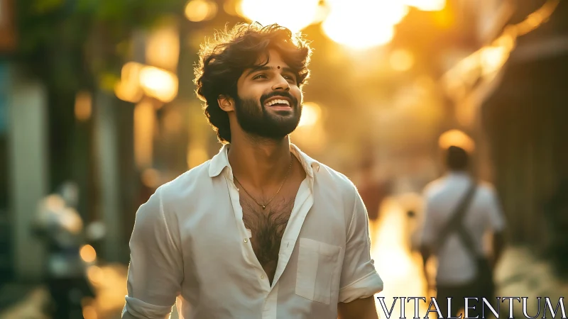 Backlit urban portrait uses shallow depth, warm bokeh rendering