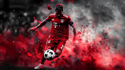 Dynamic football player in red kit with explosive red smoke.