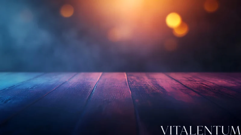 Rustic wooden tabletop with dramatic bokeh lighting in moody style.