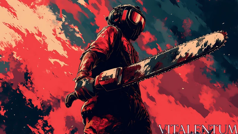Bold chainsaw hero stands strong in a storm of blazing color.