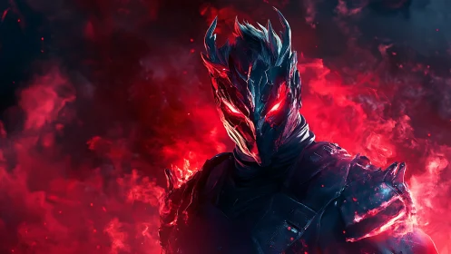 Infernal armored warrior emerges from crimson firestorm.