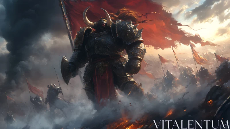 Armored warlord leading red banner army through smoke.