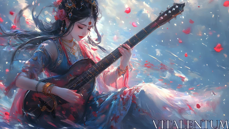 Ethereal goddess strums a guitar amid swirling petals