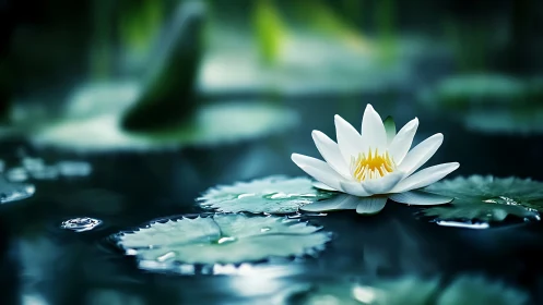 White water lily on dark pond with ripples and foliage.