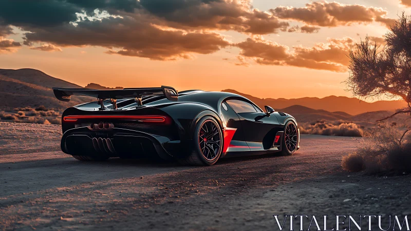 Sunset hypercar prowls the desert road in molten twilight.