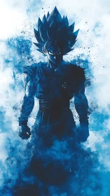 Silhouetted spiky haired warrior in blue energy cloud field