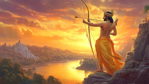 Warrior prince draws bow over sunlit river kingdom