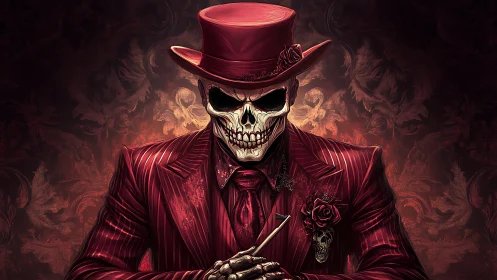 Scarlet skeletal dandy in pinstriped suit under dramatic chiaroscuro