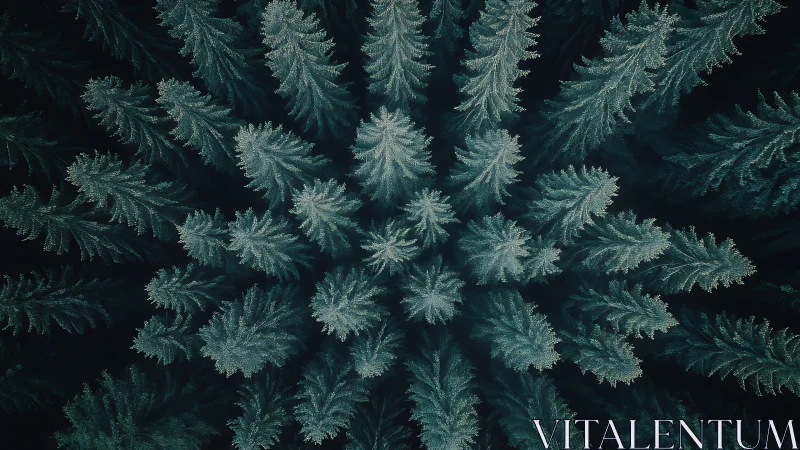 Radial overhead view shows dense conifer tree arrangement