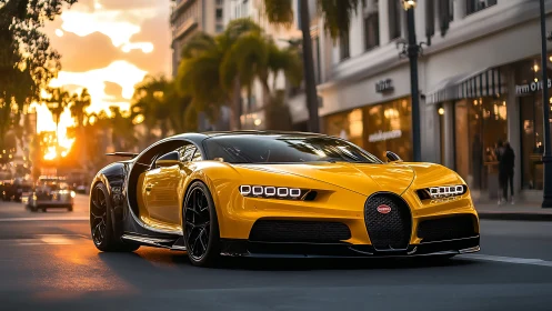 Low-angle sunset analysis of yellow hypercar with reflective bodywork