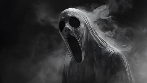 Monochrome spectral figure emerges from surrounding smoke