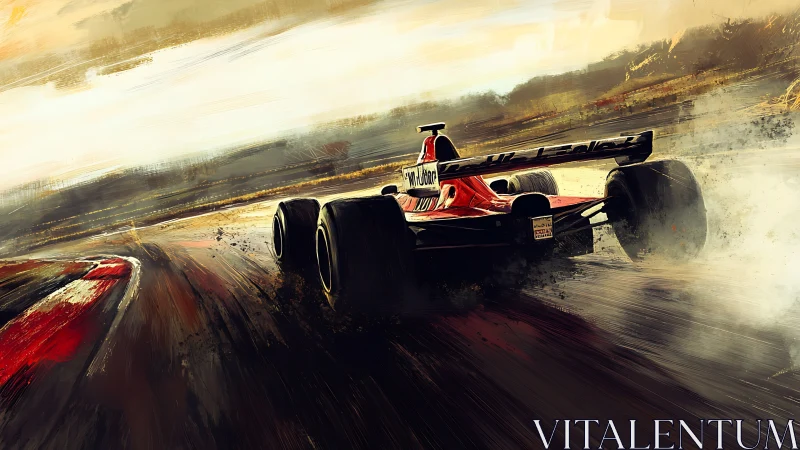 Red Formula race car drifting hard through a fast corner.