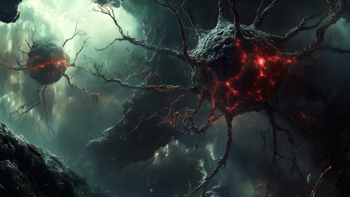 Bioluminescent cosmic node clusters with molten neural roots.