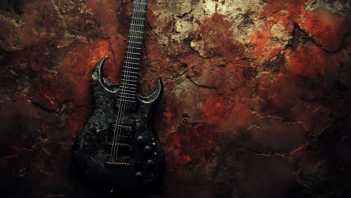 Electric guitar rests against corroded, textured wall surface