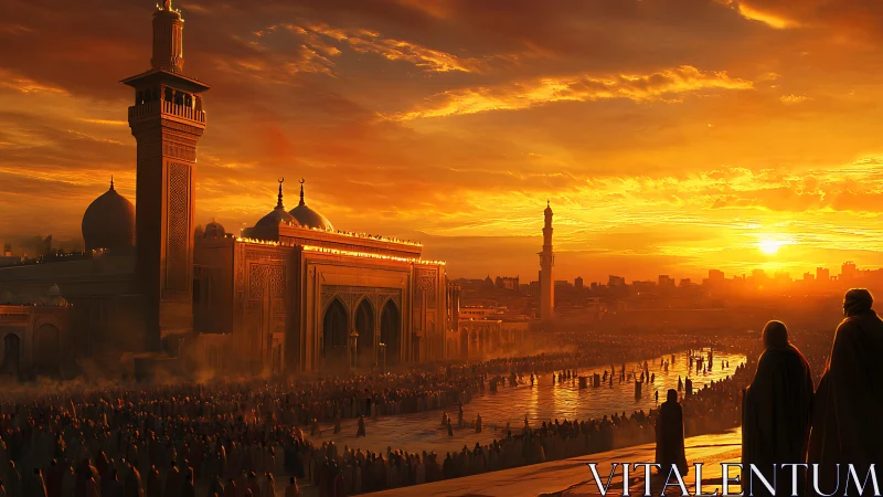 Sunset over monumental mosque plaza with dense pilgrim crowd