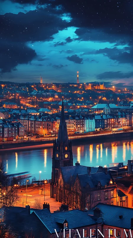 Riverside steeple glows beneath an electric midnight sky.