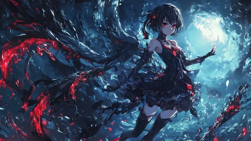 Dark angel girl commands swirling bloodlit vortex.