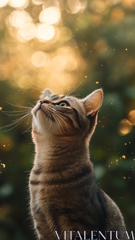 Tabby Cat Gazing Upward at Golden Bokeh Lights