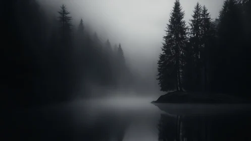 Quiet misty forest lake settles into a calm dark hush