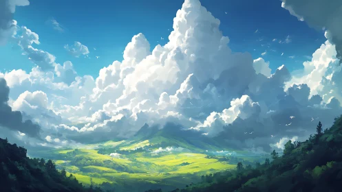 Sunlit valley unfolds beneath towering summer stormclouds.