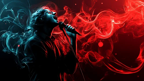 Dynamic vocalist silhouette with bifurcated red cyan smoke trails