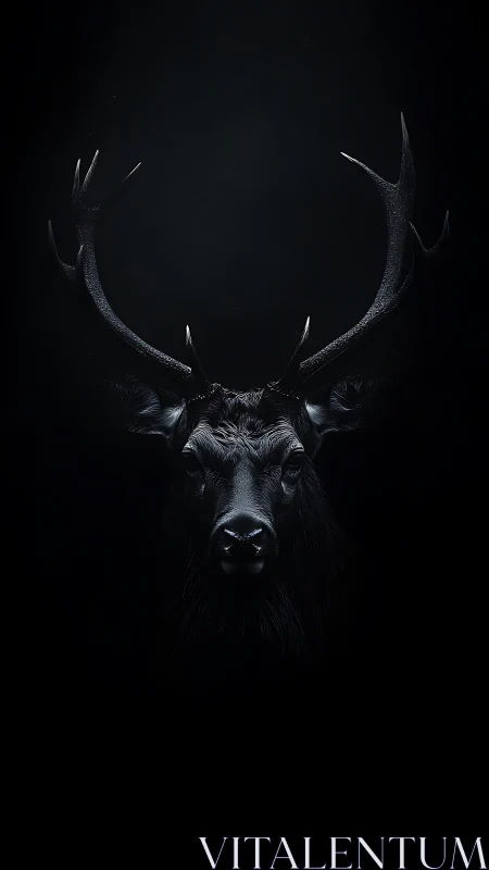 Black stag head with antlers on dark minimal background.