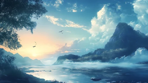 Misty dawn lagoon cradling emerald mountains in hush.