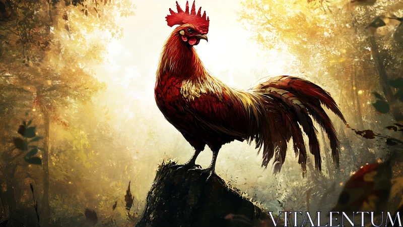 Crimson rooster perched atop moss-covered stone in luminous woodland.