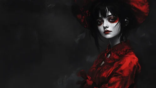 Woman in red dress stands against dark textured background