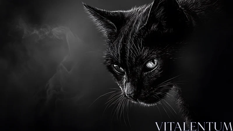 Black cat portrait emerges from dark smoke-lit shadows