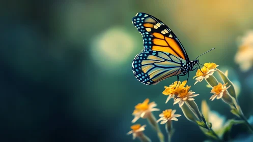 Gentle monarch butterfly resting among soft golden blooms.