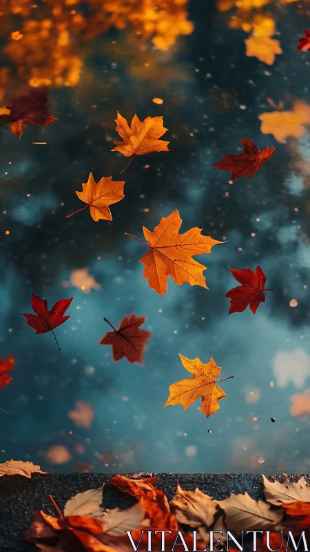 Crimson leaves drift slowly across a deep blue autumn mirror