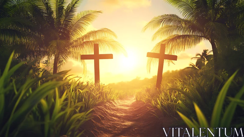 Sunlit tropical path with two wooden crosses at center.