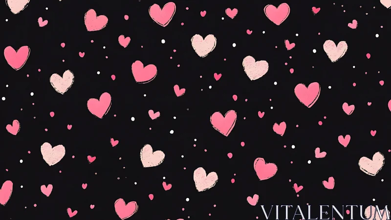 Pink and Cream Hearts Scattered Across Black Background with Metallic Accents.