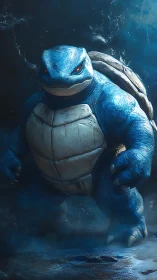Blue bipedal turtle-like creature stands in misty water scene