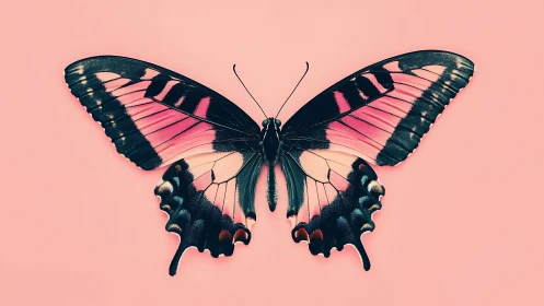 Macro dorsal study of pink black swallowtail butterfly on pastel field