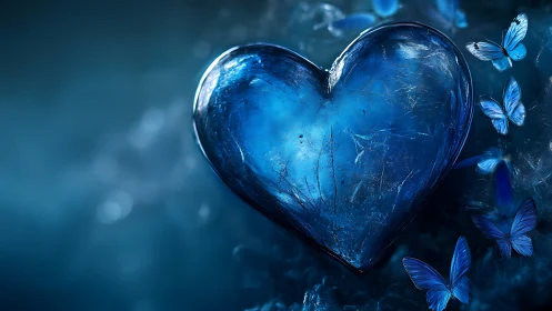 Glass blue heart surrounded by morpho butterflies against dark cyan