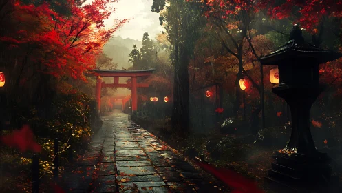 Misty shrine path glows beneath crimson autumn lanterns.