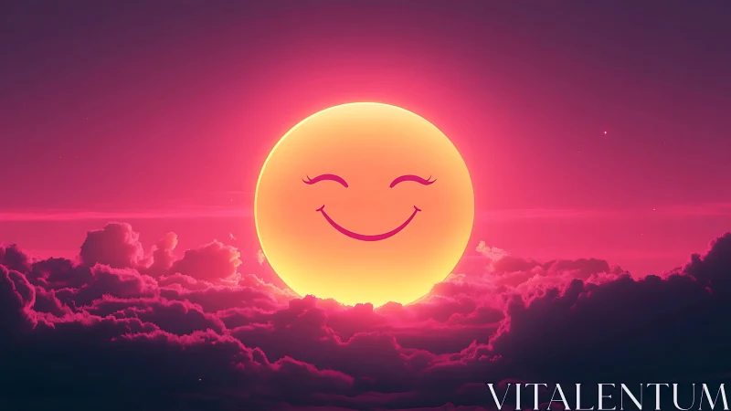 Smiling pink sunset sun beaming warmly above dreamy clouds.