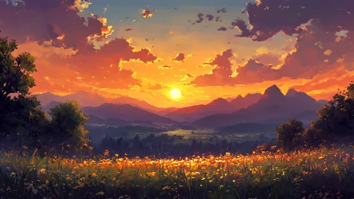 Sunset over wildflower valley and distant mountain range.