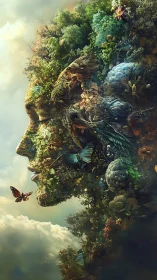 Forest goddess profile forms from dense living foliage