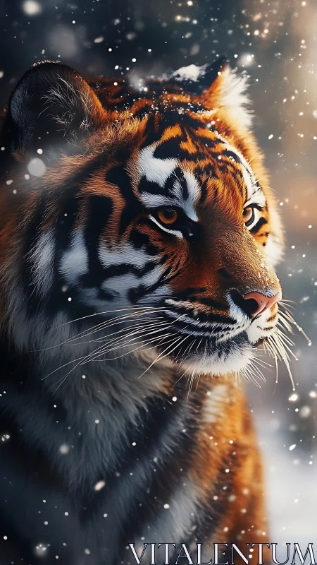 Majestic tiger portrait in softly lit drifting winter snow.